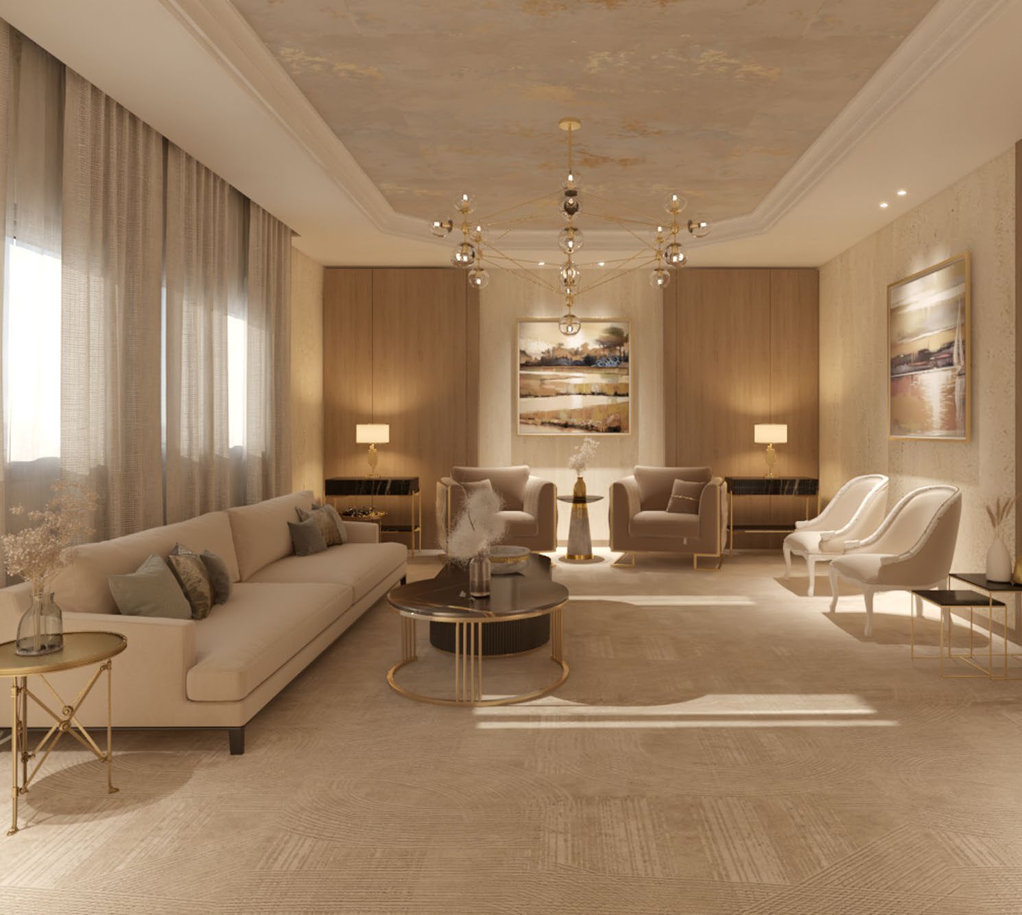 Open reception with layered seating groups
