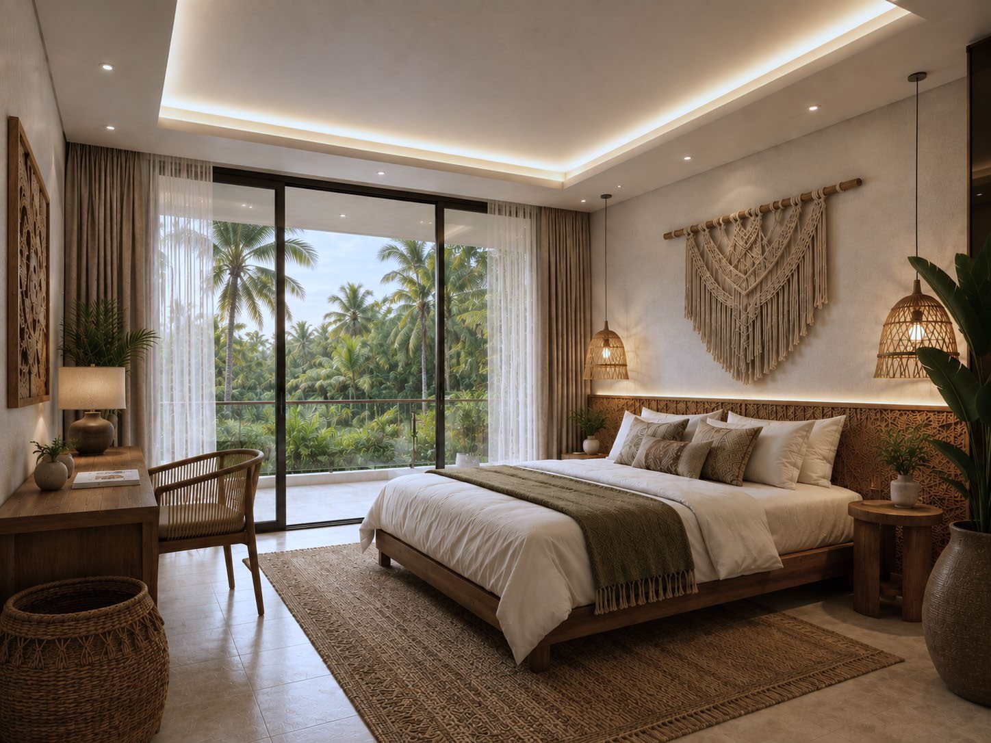 Guest suite with bed facing a full height window onto palms