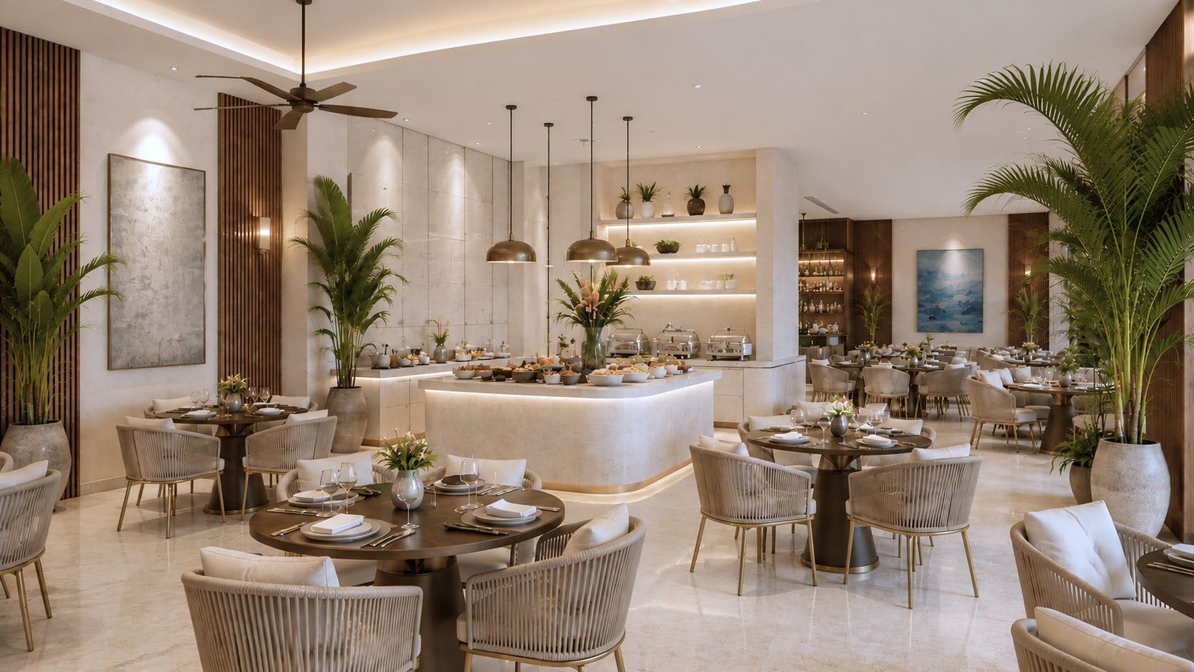 Restaurant interior with stone bar counter and rattan chairs