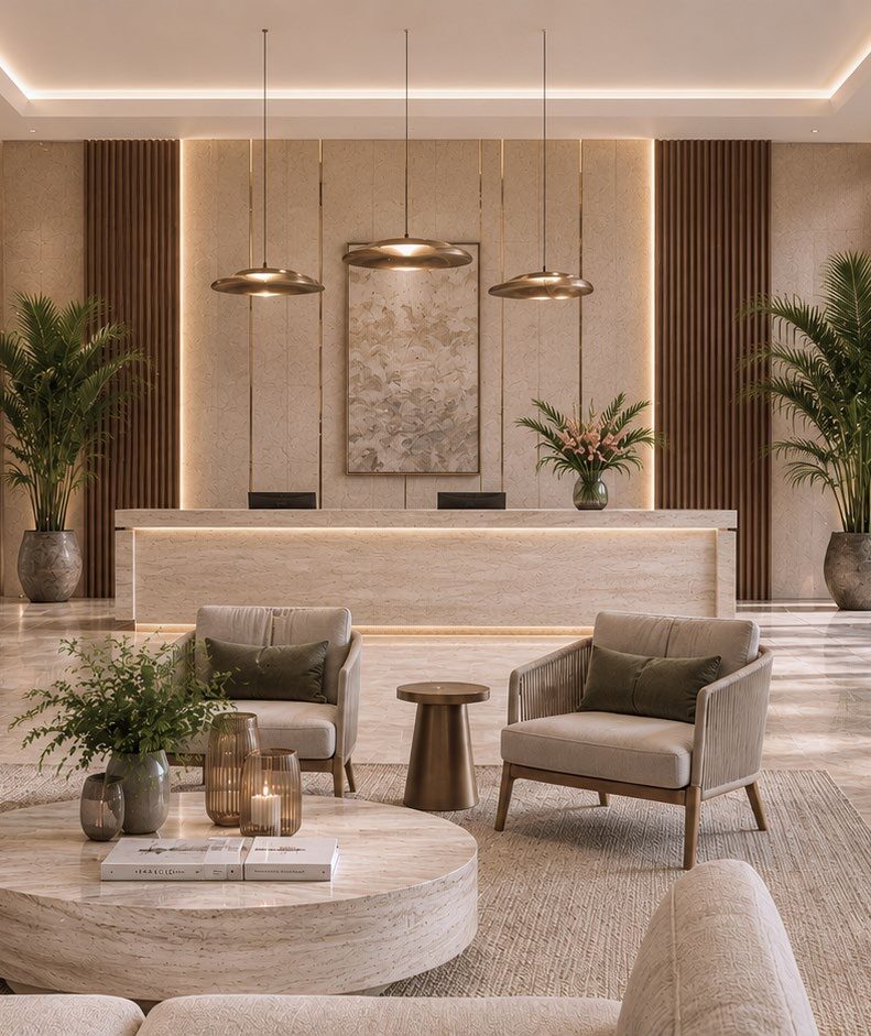 Hotel lounge with travertine table and linear pendant lights