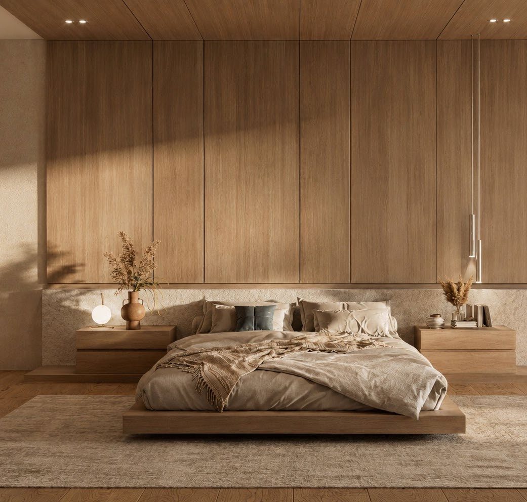 Bedroom with fluted timber panelling behind the bed
