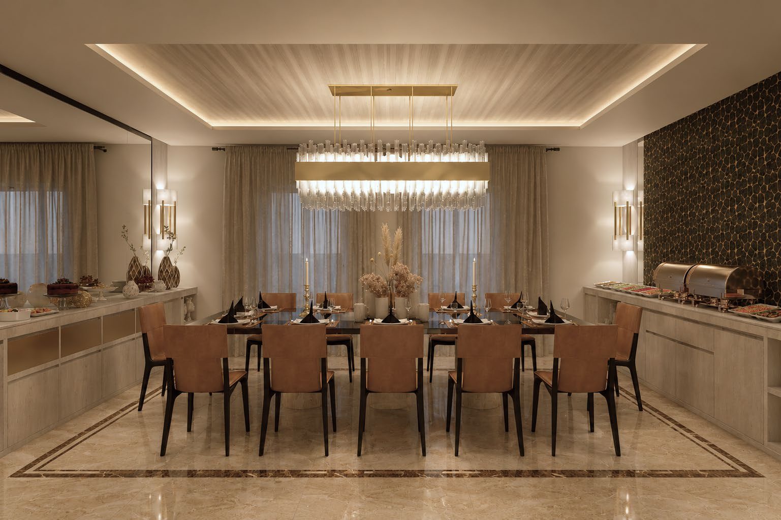 Formal dining room beneath a linear crystal chandelier