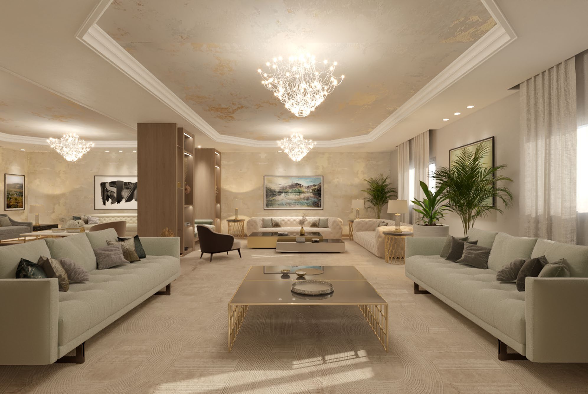 Reception with pale sofas and a sculptural coffee table