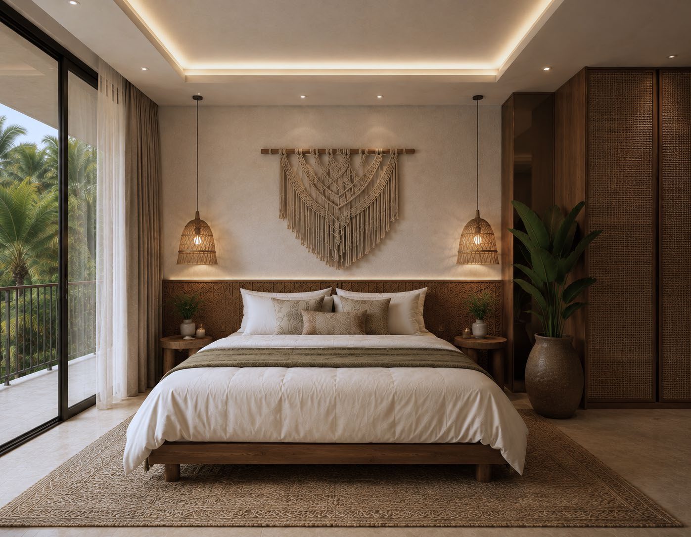 Bedroom with rattan pendants, macrame wall piece and timber headboard