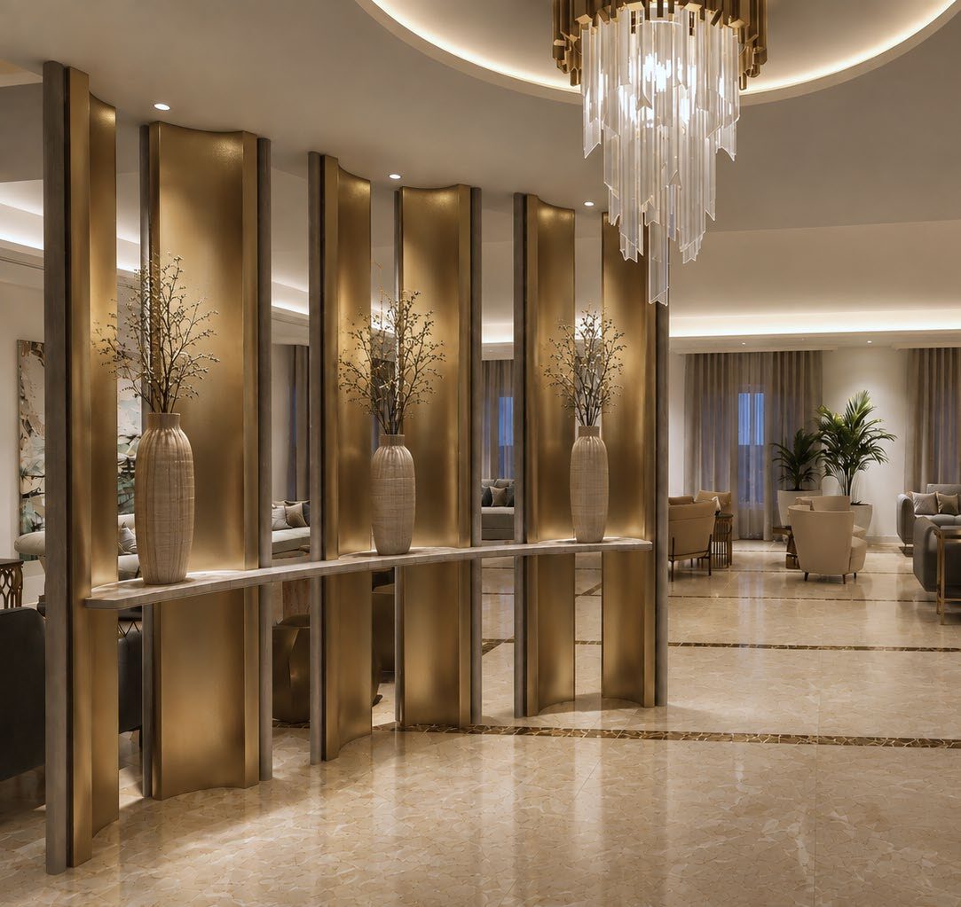 Circulation lined with brushed metal and mirrored partitions