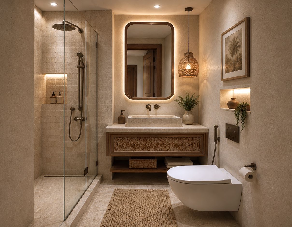Stone bathroom detail with timber vanity and warm lighting