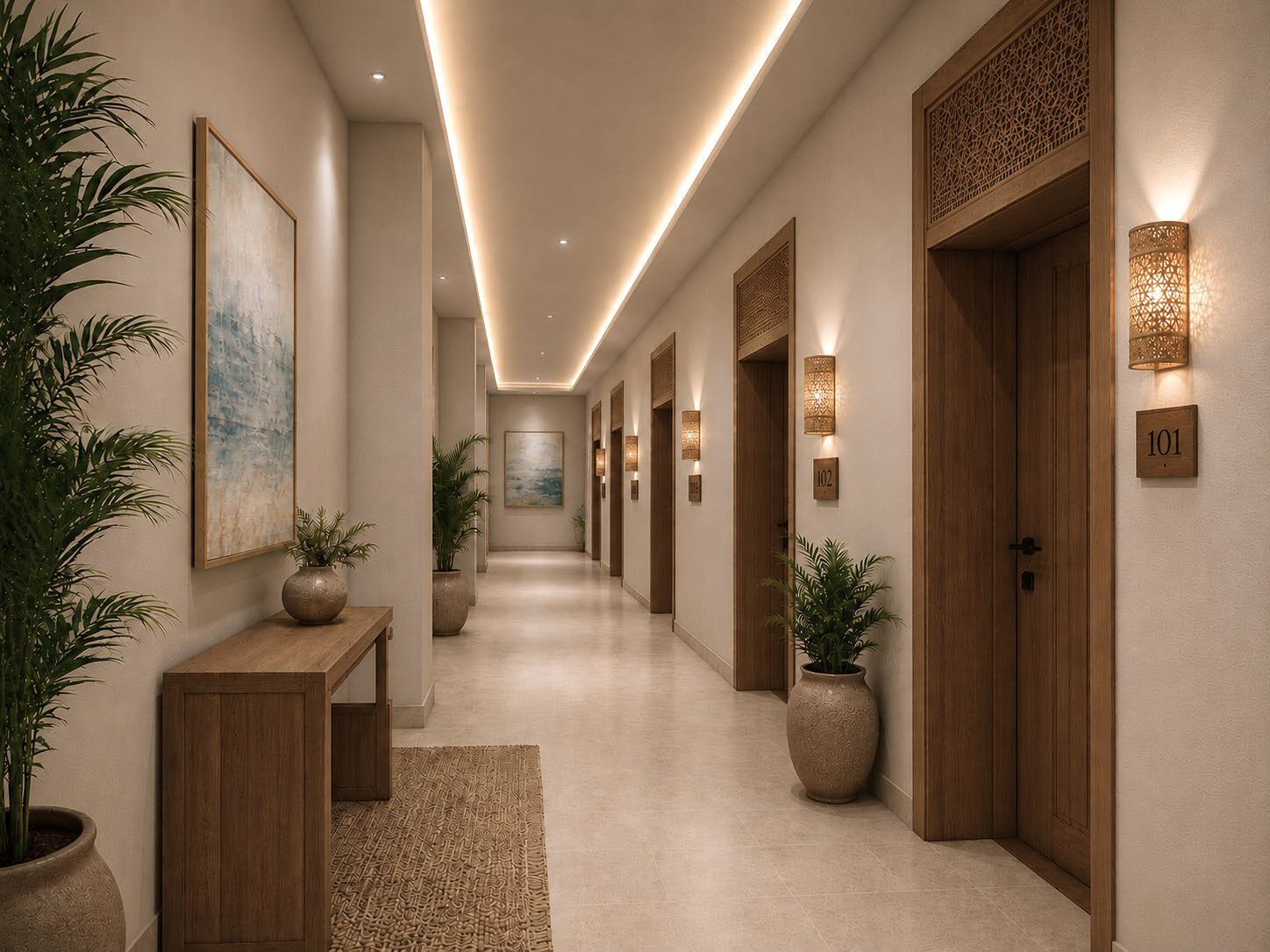 Hotel corridor with carved timber doors and woven wall lights