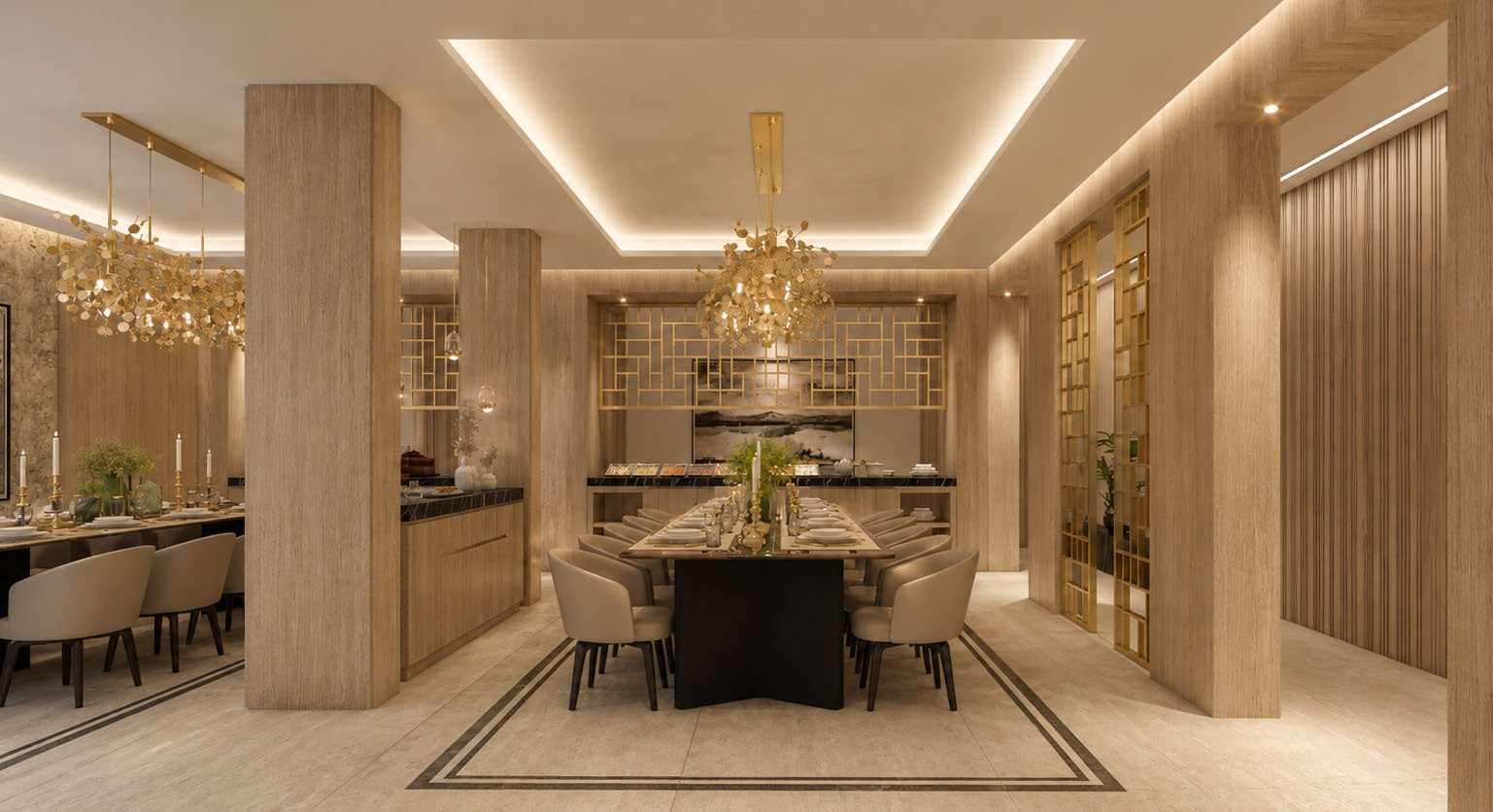 Dining area screened by golden lattice panels