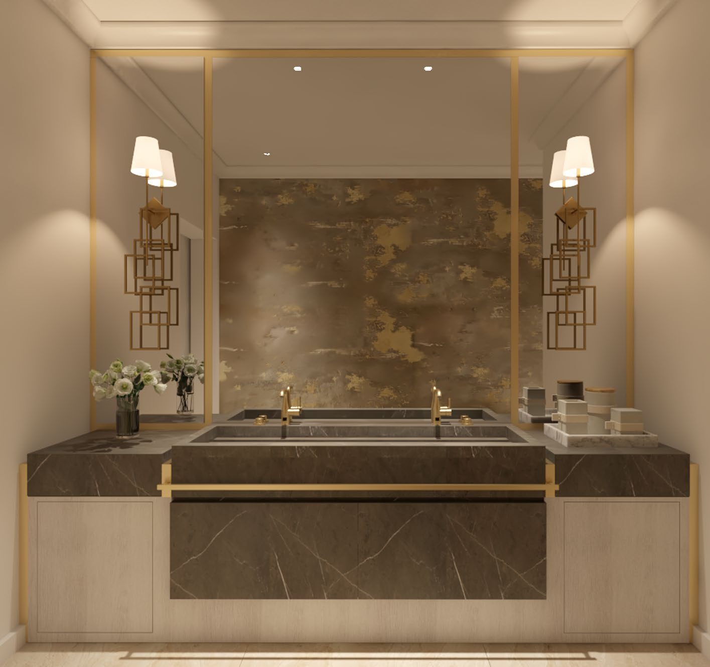 Marble vanity with framed mirrors and integrated lighting