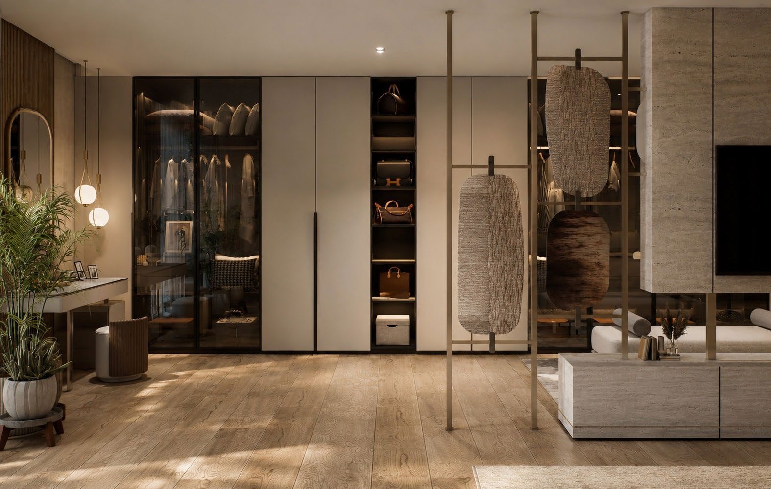 Walk-in dressing room with glazed joinery and timber floor
